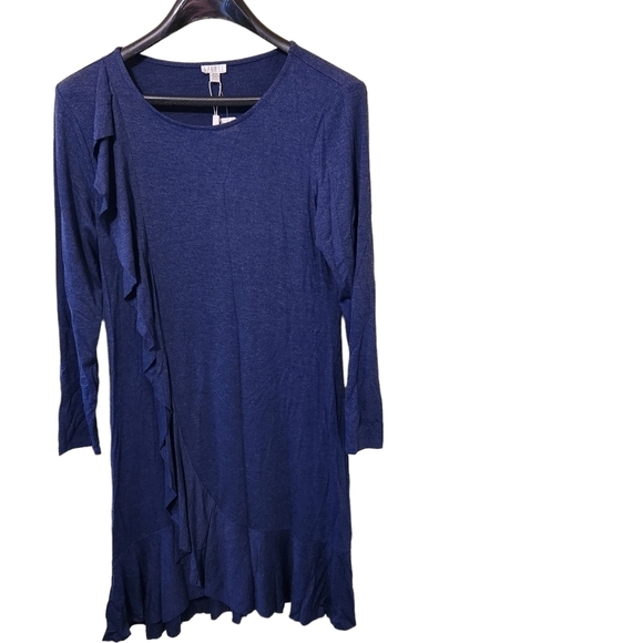NWT Spense navy blue long-sleeve crew-neck ruffled long dress - Picture 1 of 15